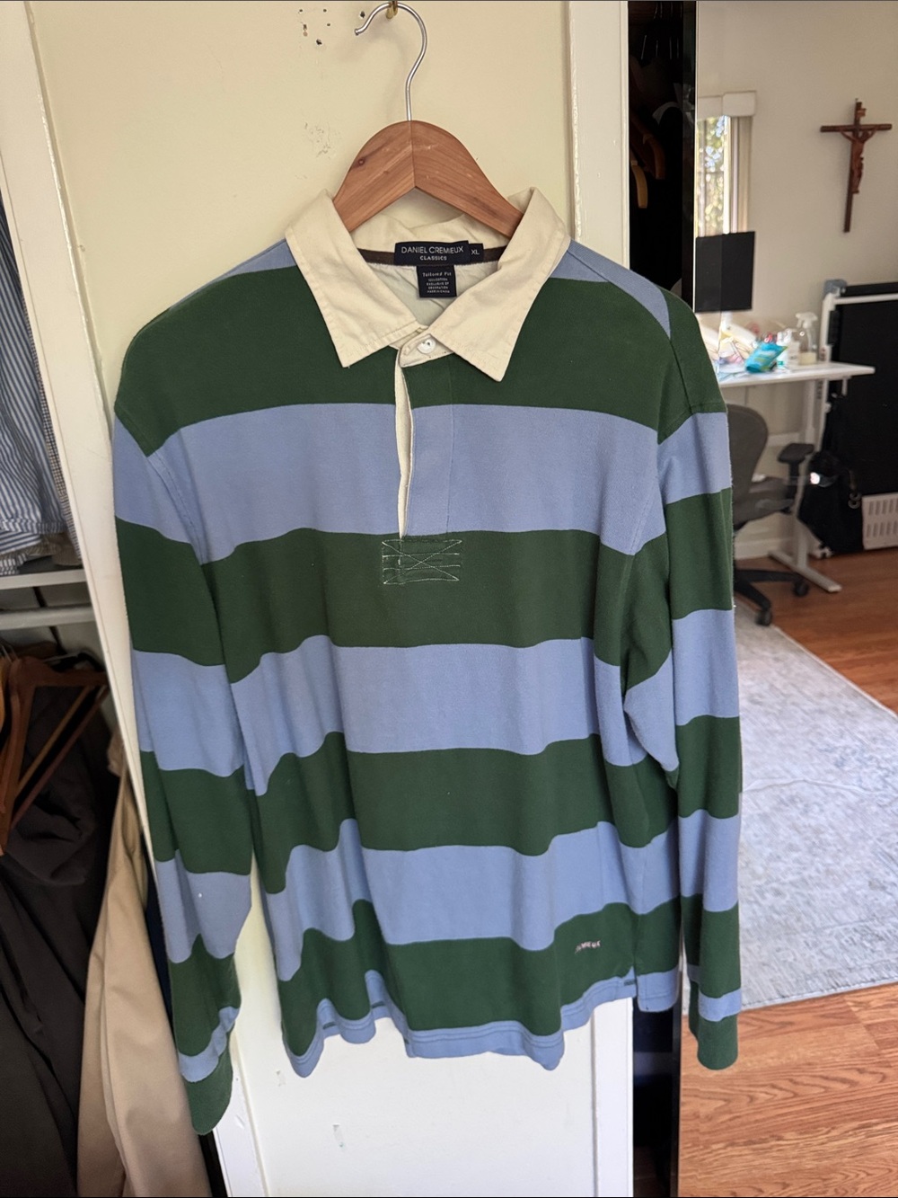 Daniel Cremieux Green & Light Blue Striped Rugby Polo with Cream Collar